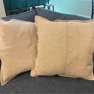 Pottery Barn Set of 2 Pieced Suede Pillow Covers w/ Down Feather Inserts